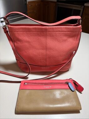 Coach Coral Pink Leather Shoulder Bag with Tan Wrist Pouch